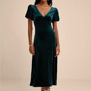 Velvet Puff Sleeve Tie-Back Midi Dress